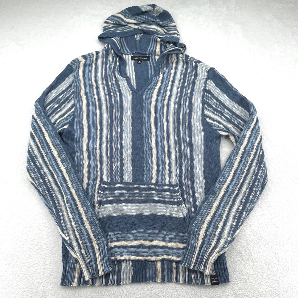 Lucky Brand Mens Hoodie Sweater Medium Blue Striped Baja Pullover Hippie Beach
